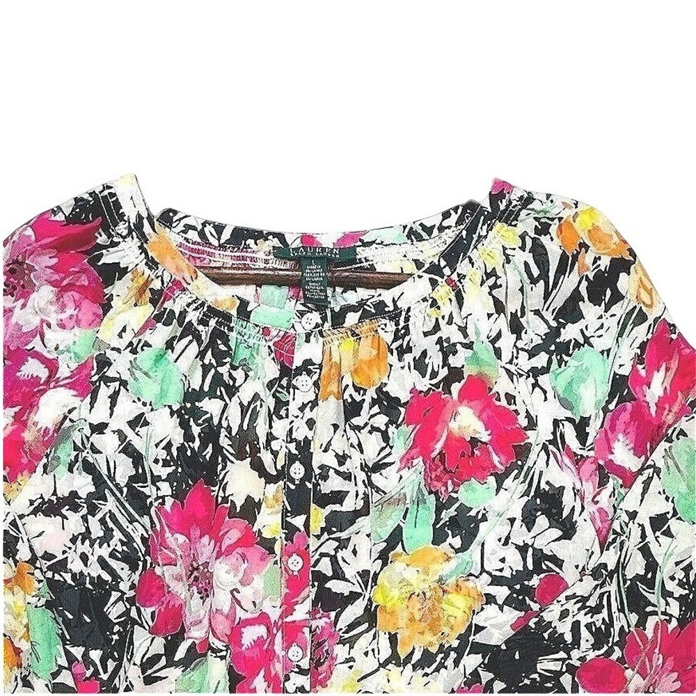 Lauren Ralph Lauren Floral Blouse Womens Large Multicolor 3/4 Sleeve‎ Button Top